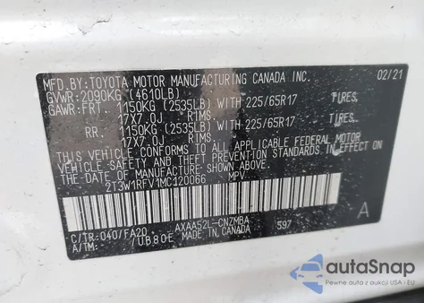 2021 Toyota Rav4 Xle z USA, uszkodzony, nr VIN 2T3W1RFV1MC120066